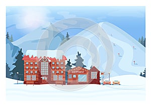 Skiing resort landscape. Winter vilage with a hotel and ski tracks and lifts