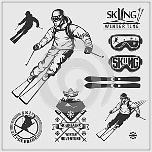 Skiing set. Ski equipment and ski kit. Extreme winter sports.