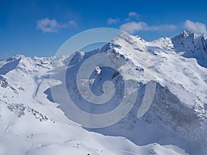 Skiing slope in the French Alpes. Region 3 Vallees, Meribel and Courchevel. Winter, 2018