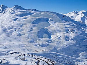 Skiing slope in the French Alpes. Region 3 Vallees, Meribel and Courchevel. Winter, 2018