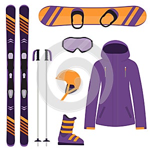 Skiing and snowboarding equipment, set. Skis, ski poles, snowboard, helmet, glasses, boots, jacket. Winter equipment icons. Vector