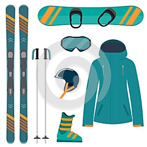 Skiing and snowboarding equipment, set. Skis, ski poles, snowboard, helmet, glasses, boots, jacket. Winter equipment icons. Vector