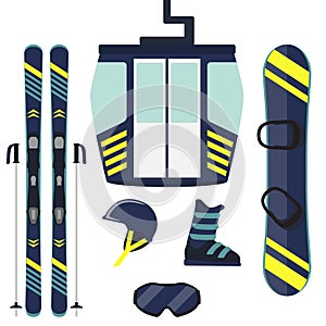 Skiing and snowboarding equipment, set. Skis, ski poles, snowboard, helmet, glasses, boots, ski lift cabin. Winter equipment icons