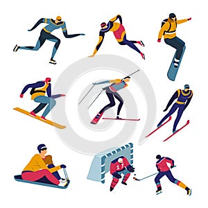 Skiing and snowboarding, winter sports, skating and hockey, isolated characters