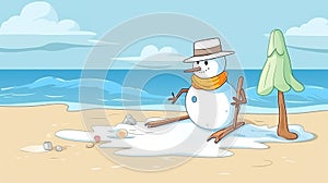 a skiing snowman is melting at the beach, summer is coming, ai generated image