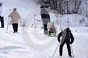 Skiing in a Sunny day-a skier rides down for winter competition in snow sports Training and recreation