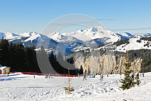 Skiing tracks on snow in Portes du Soleil area