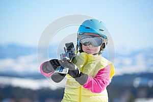 Skiing, winter fun,-happy skier girl enjoying ski holiday