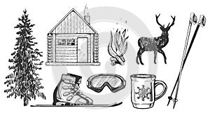 Skiing and winter hiking tourism icons set