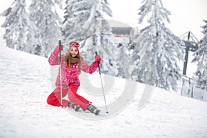 Skiing, winter, ski holiday - skiers on mountainside, portrait o