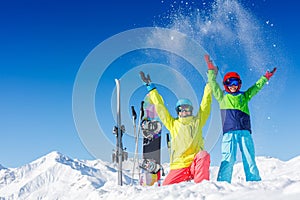 Skiing, winter, snow, sun and fun - kids, boy and girl having fun in the Alps. Child skiing in the mountains.