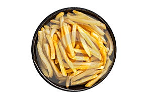 Skilet full of Potato french fries with salt. Isolated on white background. photo