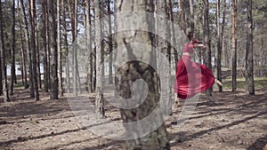 Skill graceful woman in red dress dancing in the forest landscape. Beautiful contemporary dancer. Graceful girl runs and