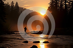 Skilled angler reeling in a sizable catch from the flowing waters of a river using a spinning rod