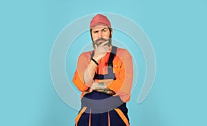 Skilled architect repair and fix. workman in storeroom. Mad repairman concept. man wear boilersuit. bearded worker in