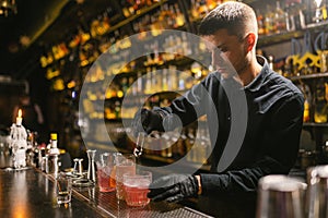 Skilled barman makes refreshing cocktails for pub guests