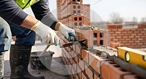 Skilled bricklayer carefully laying bricks with mortar on a construction site
