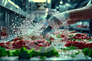 A skilled butcher meticulously cuts up raw meat on a wooden cutting board