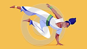 A skilled Capoeira practitioner soaring through the air exeing a daring flip in the midst of a lively dance with their
