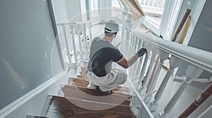 A skilled carpenter works on a staircase renovation expertly installing new treads banisters and handrails to give the