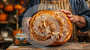 Skilled carver proudly displaying intricately designed pumpkin with bright and natural lighting photo