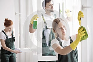 Skilled cleaning team washing windows photo