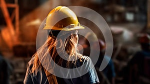Skilled construction woman worker with a hard hat, building site. Generative AI