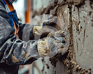 Skilled construction worker using hands to build high quality wall of house in detailedphoto