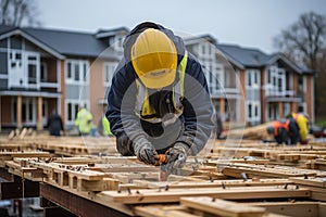 Skilled construction worker in yellow helmet building solid and sturdy frame houses