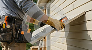 Skilled Contractor Installing Vinyl Siding with Precision and Professional Tools