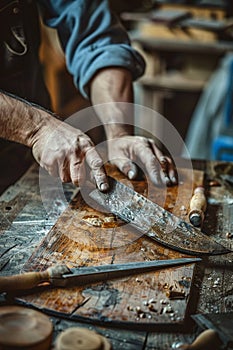 A skilled craftsman in a workshop, carefully restoring an ancient butcher knife with precision tools