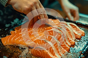 Skilled experienced japanese master chef preparing sushi rolls traditional cuisine restaurant bistro slicing fresh