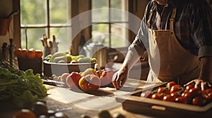 Skilled Farmer homesteader man sorts freshly harvested vegetables and greenery in rustic kitchen. Tomatoes, lettuce are