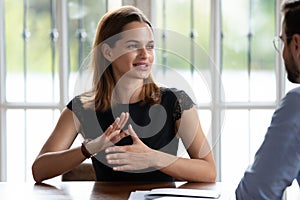 Skilled female hr manager involved in job interview with candidate. photo