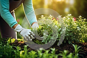 Skilled gardener precisely trimming plants with garden scissors in a serene outdoor setting