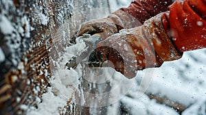 Qualificato mani da artista diligentemente scultura creazione nel mezzo cascata da la neve un 