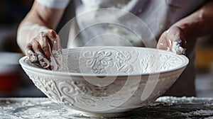 The skilled hands of a master craftsman expertly etching a pattern onto a pristine white porcelain bowl.