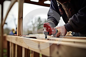 Skilled handyman using power drill for precise wood drilling in home improvement project