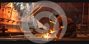Skilled industrial worker using welding machine welding steel at factory. AIG42.
