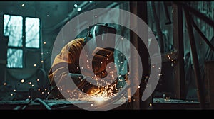 Skilled industrial worker using welding machine welding steel at factory. AIG42.