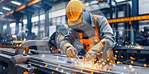 Skilled industrial worker using welding machine welding steel at factory. AIG42.