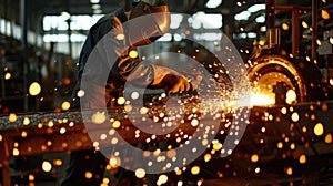 Skilled industrial worker using welding machine welding steel at factory. AIG42.