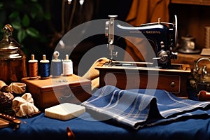 Skilled master tailor at workshop desk with sewing machine, tools, fabrics, and materials