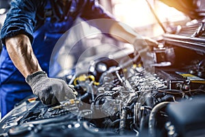 Skilled mechanic performing maintenance on a car engine in a workshop