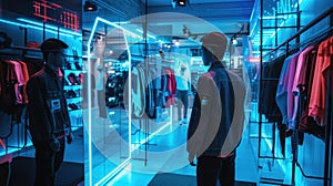 Skilled people using VR headset to connect in metaverse shopping mall. AIG42.