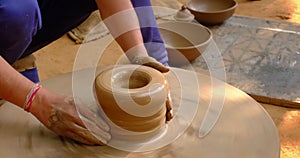 Skilled potter hands shaping the clay on potter wheel. Pot throwing handicraft bowl, jar, pot, jug. Rajasthan, India