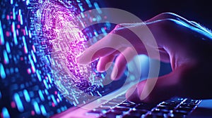 Programmer developing innovative software using and holographic computer interface futuristic hand on a laptop, AI