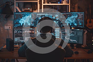 Skilled programmer coding engineering code while sitting at computer. AIG42.