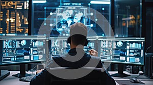 Skilled programmer coding engineering code while sitting at computer. AIG42.