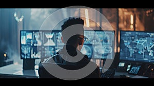 Skilled programmer coding engineering code while sitting at computer. AIG42.